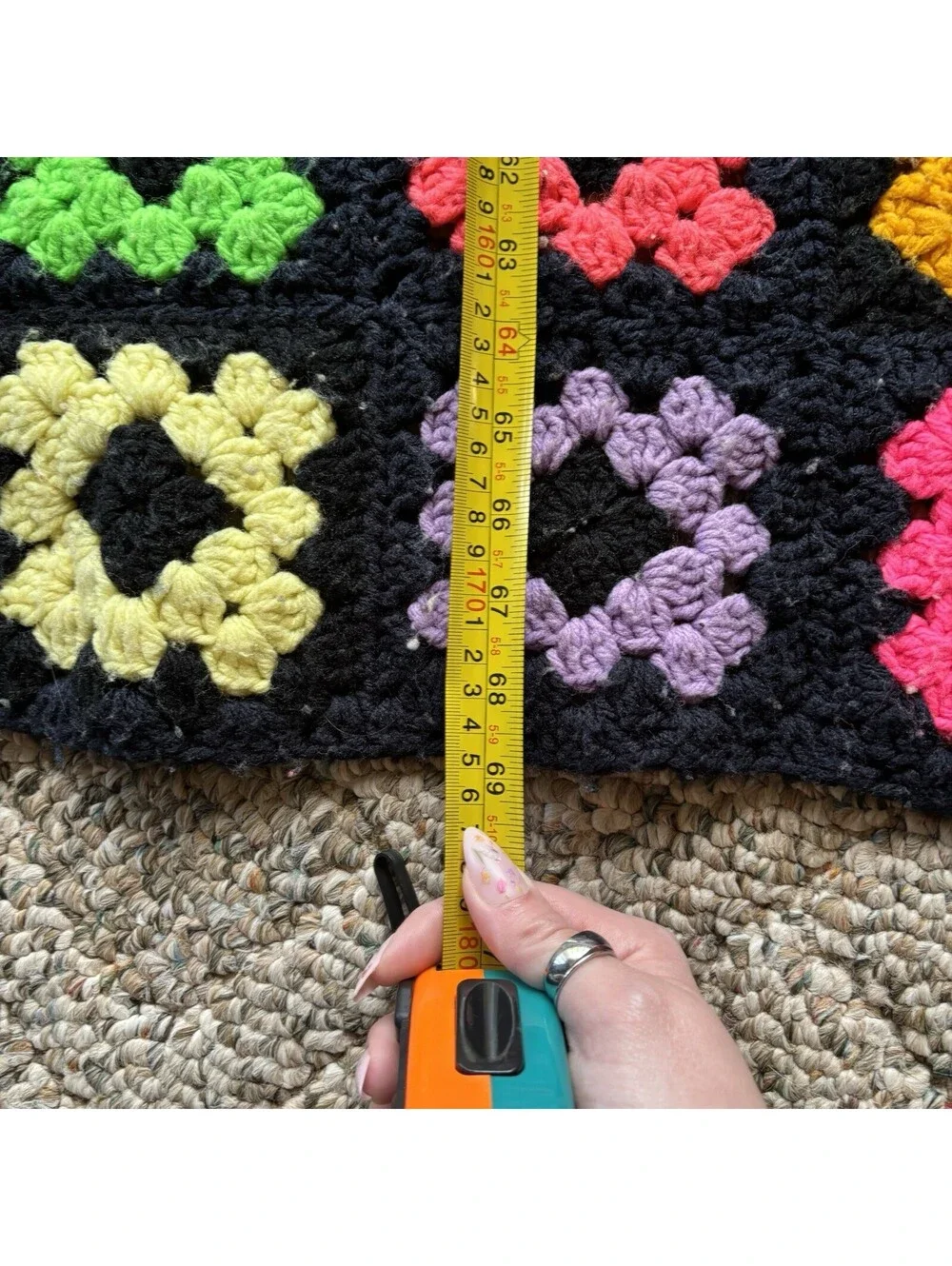 Vintage Granny Square Crochet Afghan Blanket Throw  Black Multi Colors 69”x57”